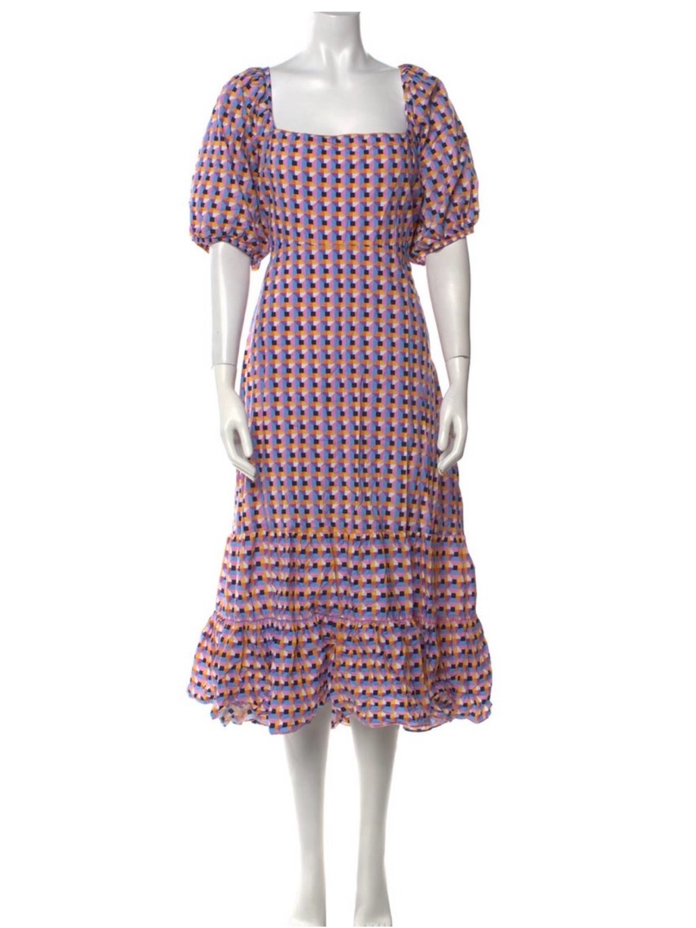 Tanya Taylor Purple and Orange Puff-Sleeve Midi Dress